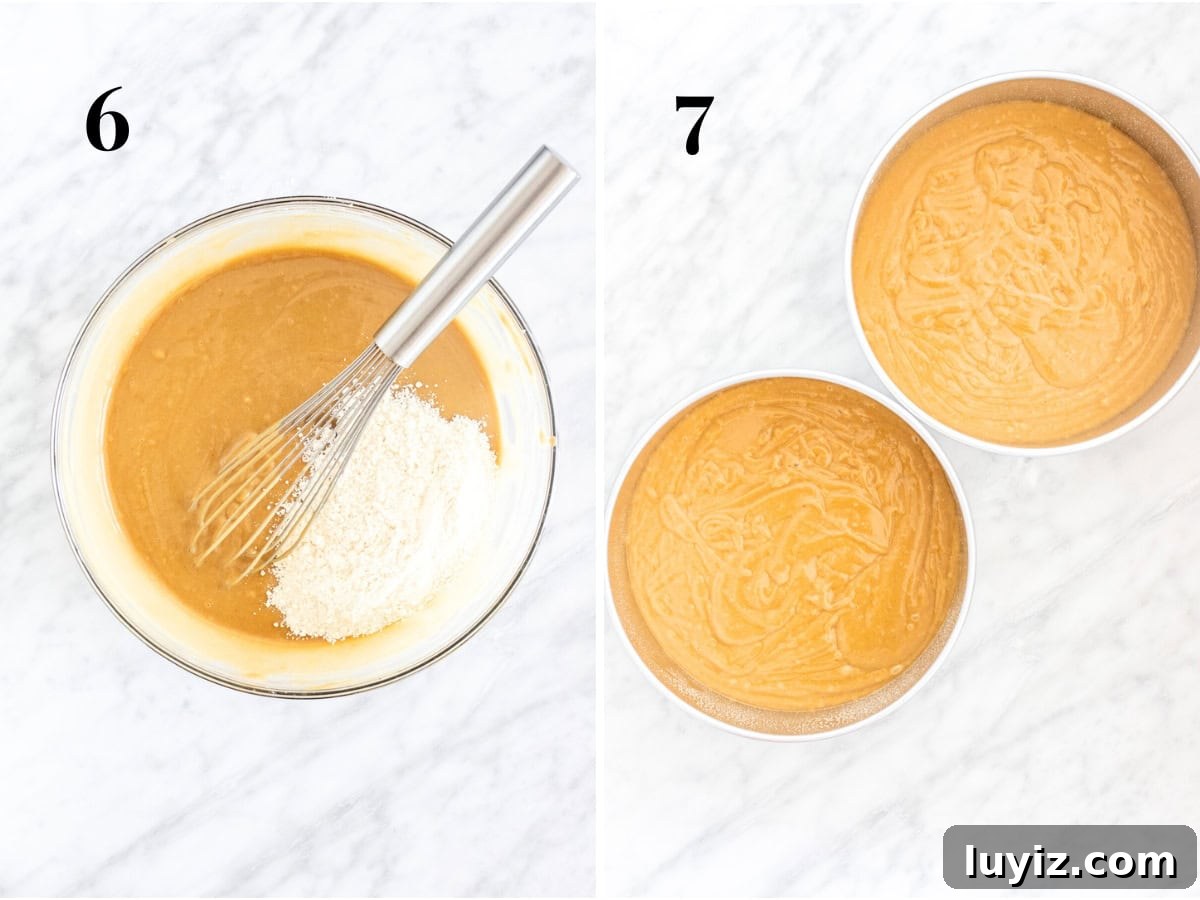 Decadent Peanut Butter Layer Cake Recipe 6 Bowl of flour being added to peanut butter cake batter and 2 pans of peanut butter cake batter