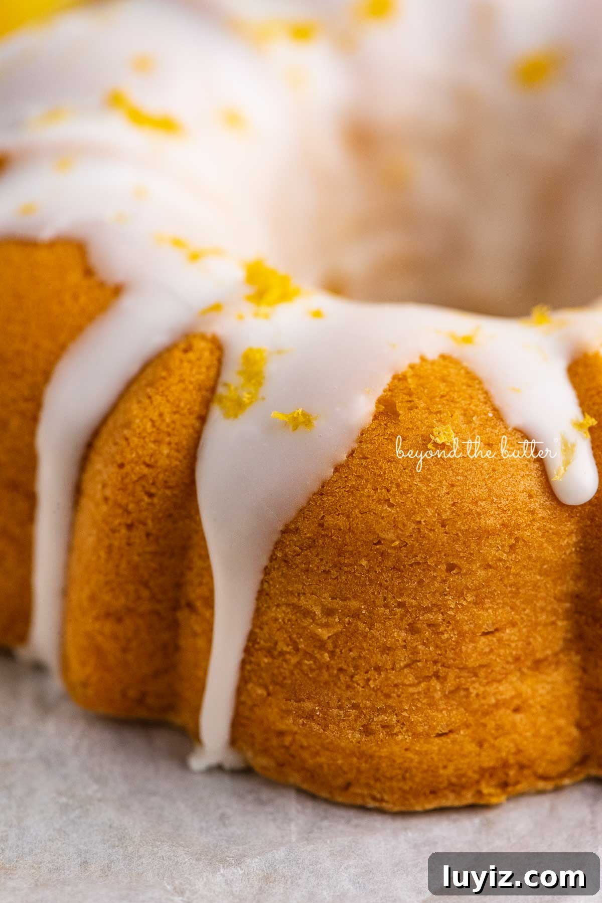 Moist Lemon Cream Cheese Pound Cake Recipe 6 Close up image of lemon glazed small lemon cream cheese pound cake garnished with lemon zest | © Beyond the Butter®
