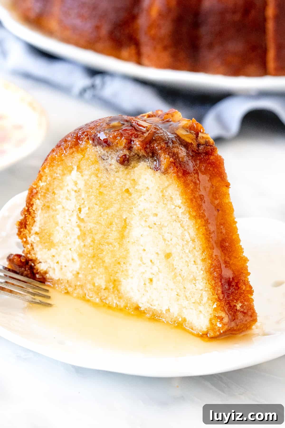 Homemade Rum-Soaked Cake Recipe That Melts in Your Mouth 4 Slice of rum cake with rum sauce poured over the top.