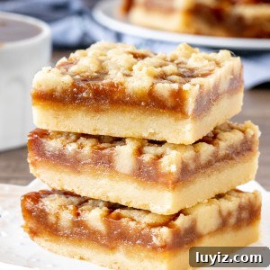 Salted Caramel Crumb Bars with Buttery Shortbread 5 3 caramel crumb bars, stacked one on top of each other