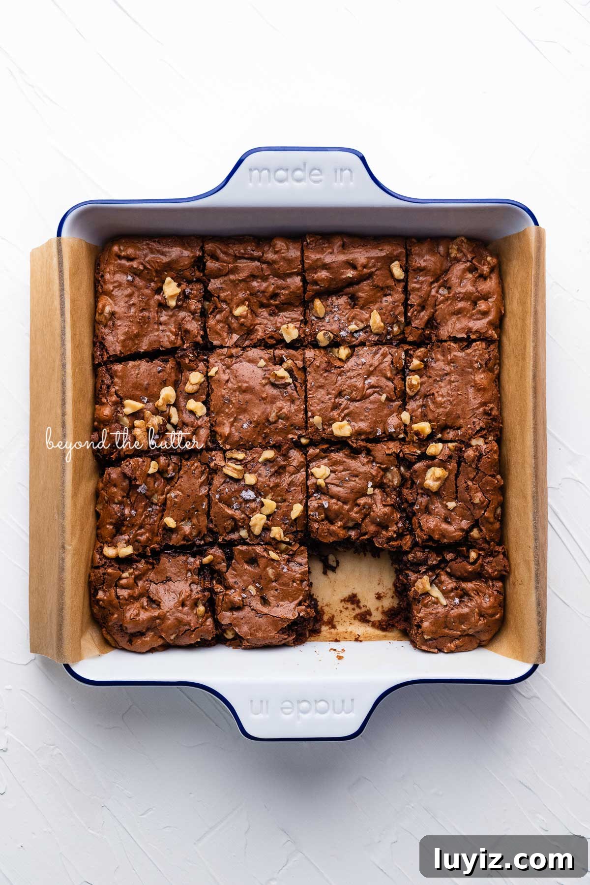 Fudgy Homemade Brownies That Beat Box Mixes 3 Just baked better than boxed mix fudgy brownies in a Made In baking dish | © Beyond the Butter®