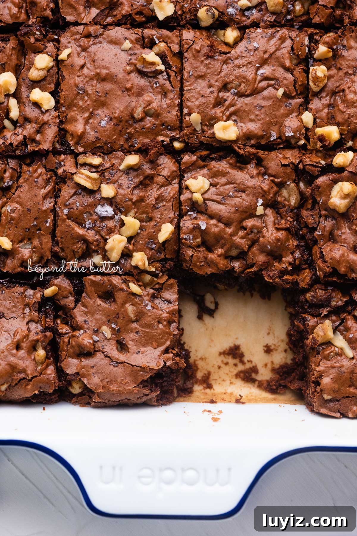 Fudgy Homemade Brownies That Beat Box Mixes 5 Just baked better than boxed mix fudgy brownies in a Made In baking dish | © Beyond the Butter®