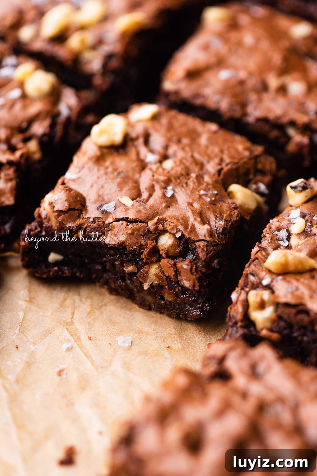 Fudgy Homemade Brownies That Beat Box Mixes 6 Fudgy brownies on a parchment paper lined baking sheet | © Beyond the Butter®