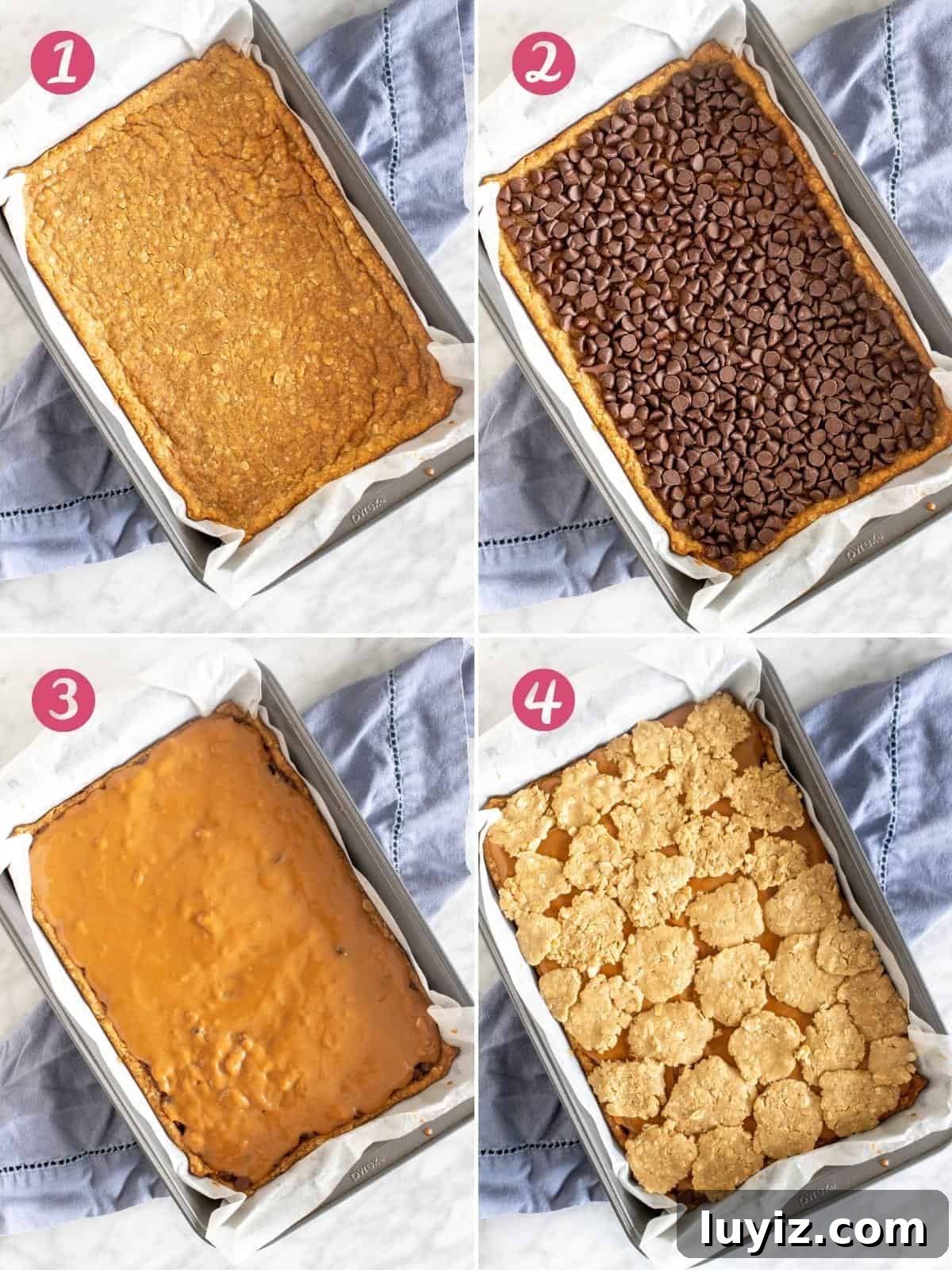 Caramelitas: Chewy Caramel Oatmeal Bars Recipe 3 Collage of 4 photos - showing how to make caramelitas
