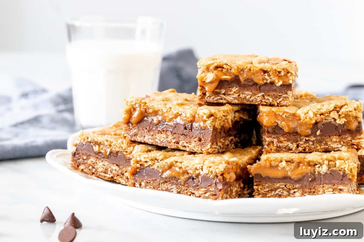 Caramelitas: Chewy Caramel Oatmeal Bars Recipe 5 Plate of caramel oatmeal bars with glass of milk
