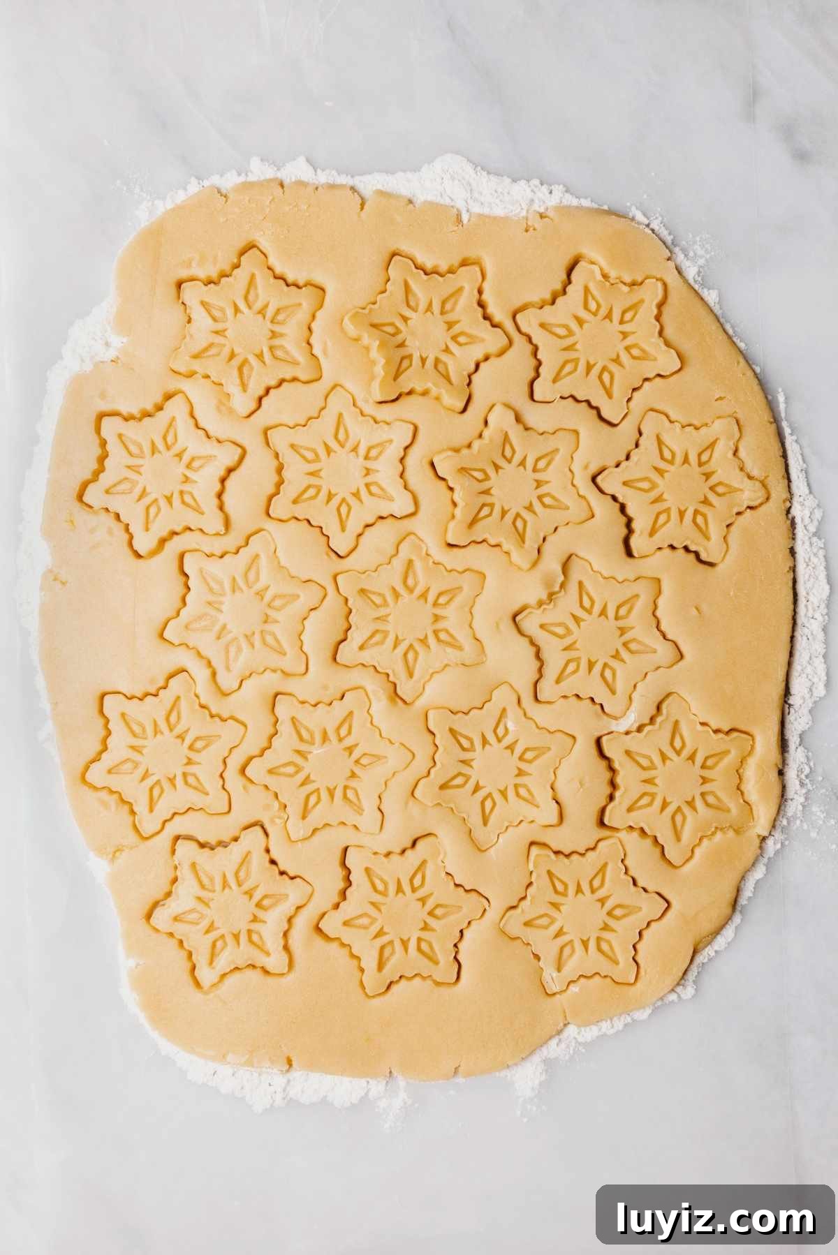 Classic Homemade Butter Cookies Recipe — Crisp, Melt-in-Your-Mouth Cookies 11 Rolled out homemade butter cookie dough on a lightly floured work surface with snowflake shape stamped into the cookie dough.