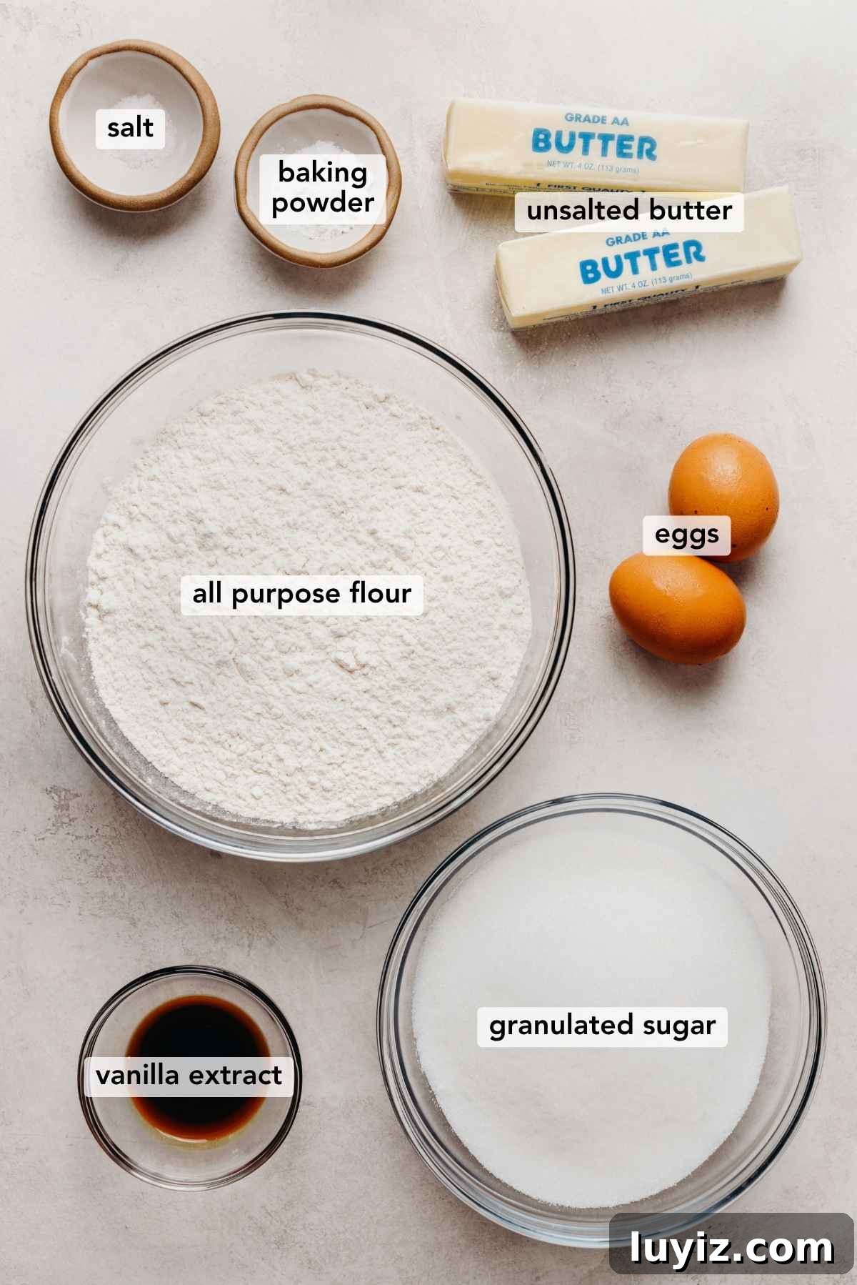 Classic Homemade Butter Cookies Recipe — Crisp, Melt-in-Your-Mouth Cookies 5 Ingredients in various size bowls labeled as salt, baking powder, unsalted butter, all purpose flour, eggs, vanilla extract, and granulated sugar on a white marbled background.