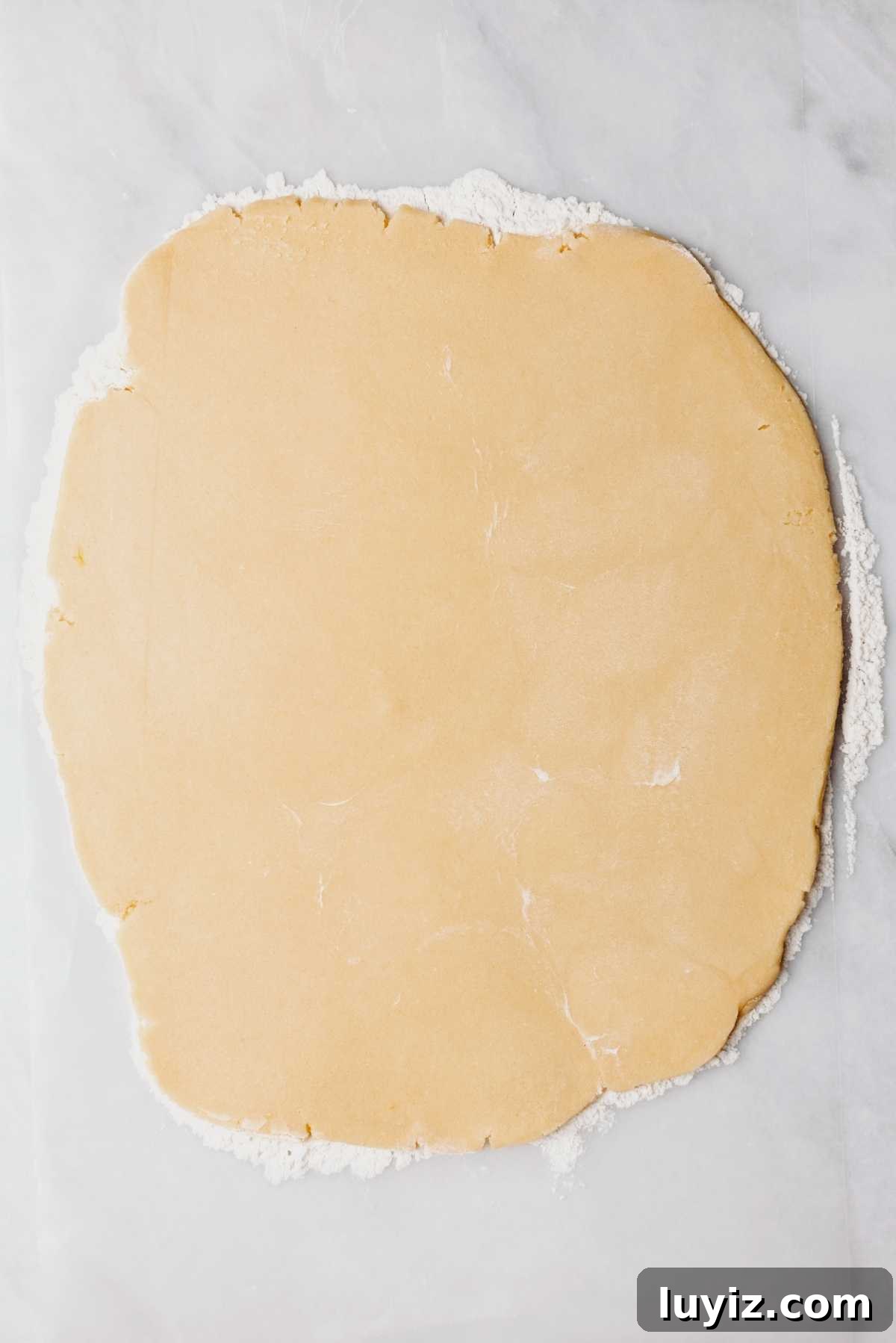 Classic Homemade Butter Cookies Recipe — Crisp, Melt-in-Your-Mouth Cookies 10 Rolled out homemade butter cookie dough on a lightly floured white and grey marbled background.