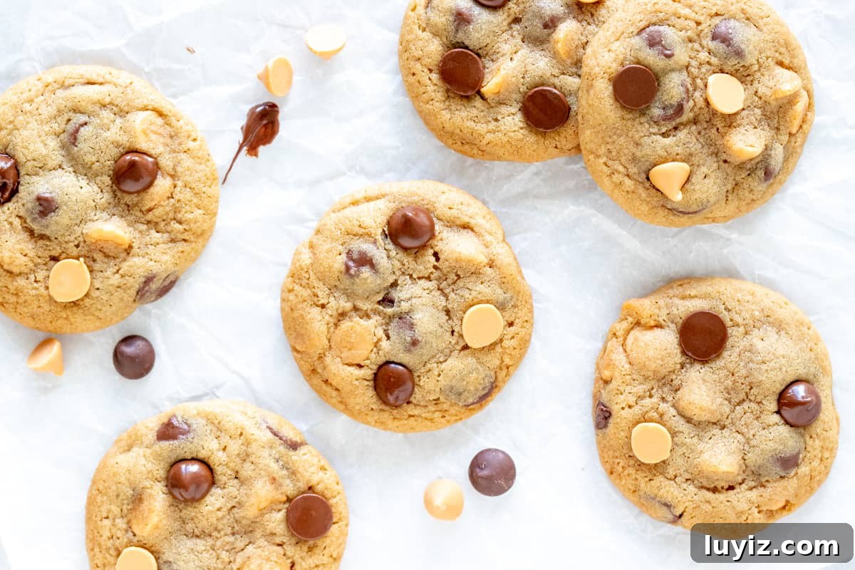 Butterscotch Chocolate Chip Cookies — Soft, Chewy & Gooey 3 Butterscotch chocolate chip cookies on baking paper