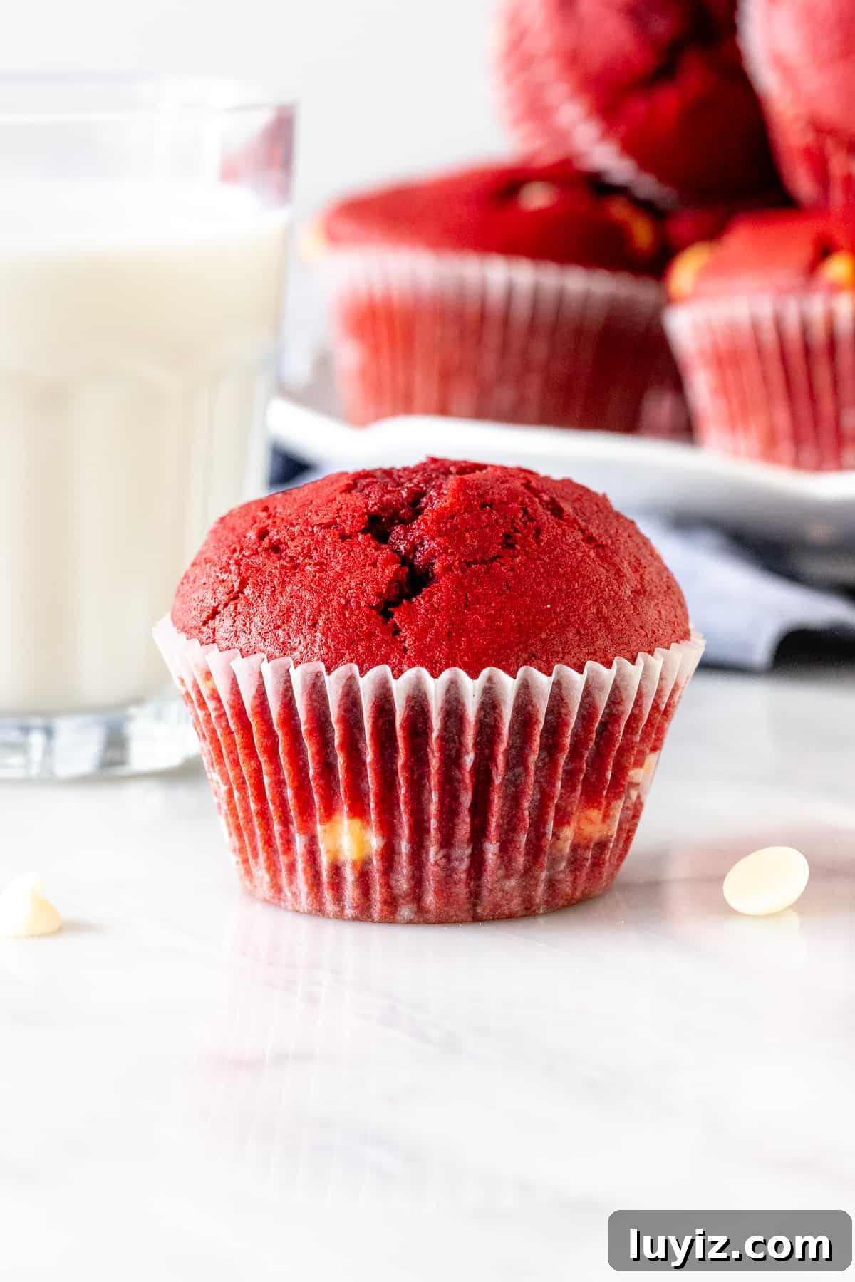 Red Velvet Muffins Stuffed with Melting Chocolate Chips 3 Red velvet chocolate chip muffin with glass of milk
