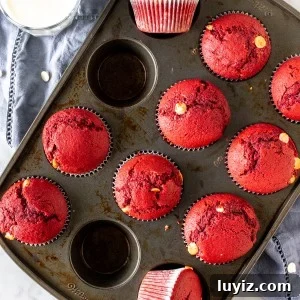 Red Velvet Muffins Stuffed with Melting Chocolate Chips 6 Pan of red velvet muffins