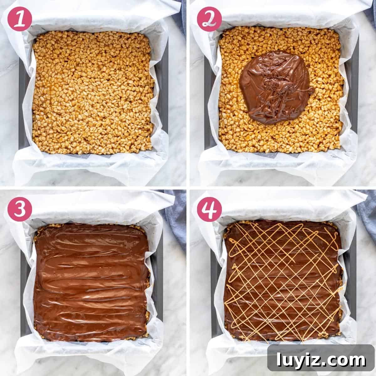Butterscotch Tiger Bars: Crispy Rice Krispie Treats 4 Collage of 4 photos of making tiger bars