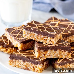 Butterscotch Tiger Bars: Crispy Rice Krispie Treats 6 Plate of butterscotch Rice Krispie treats with chocolate on top