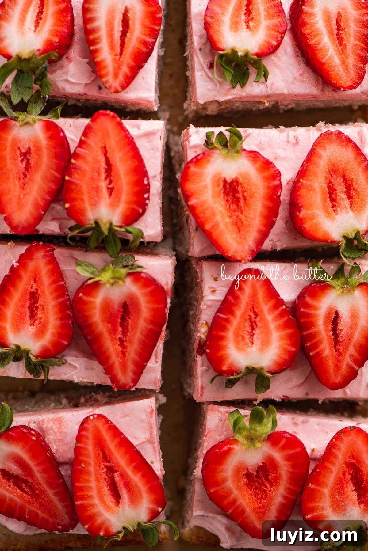 Mini Strawberry Sheet Cake Recipe: Quick Moist Fresh Strawberry Cake 3 Slices of strawberry cake with strawberry buttercream frosting on brown parchment paper.