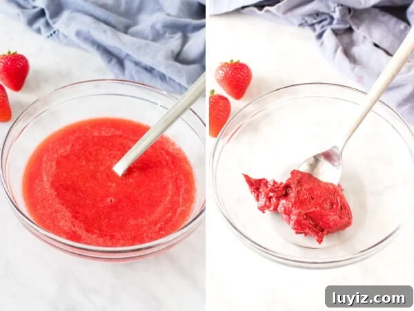 Strawberry Champagne Layer Cake Recipe for Celebrations 5 Collage of 2 photos - strawberry puree in a bowl before and after being boiled down.