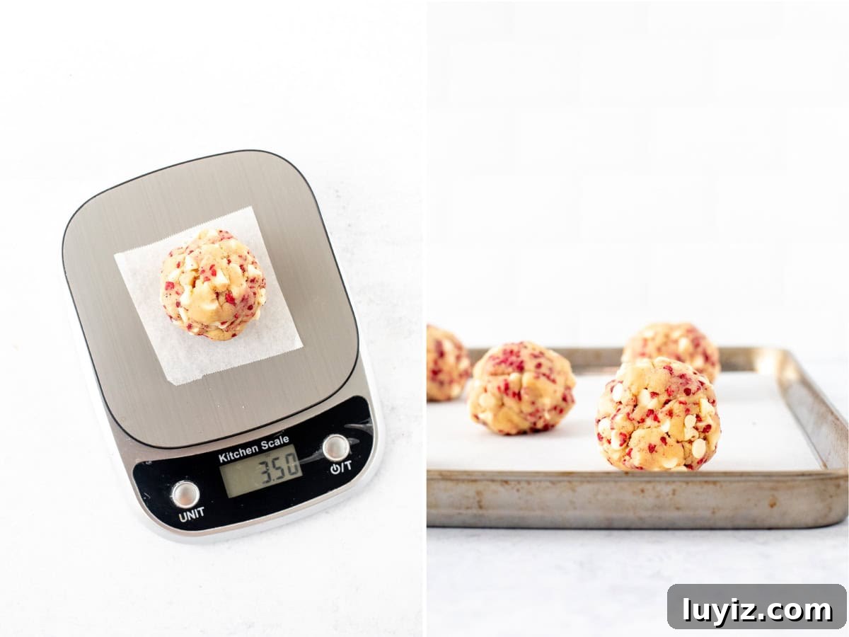 White Chocolate Raspberry Cookie Recipe (Soft & Irresistible) 4 White chocolate raspberry cookie dough balls on a scale and lined baking sheet