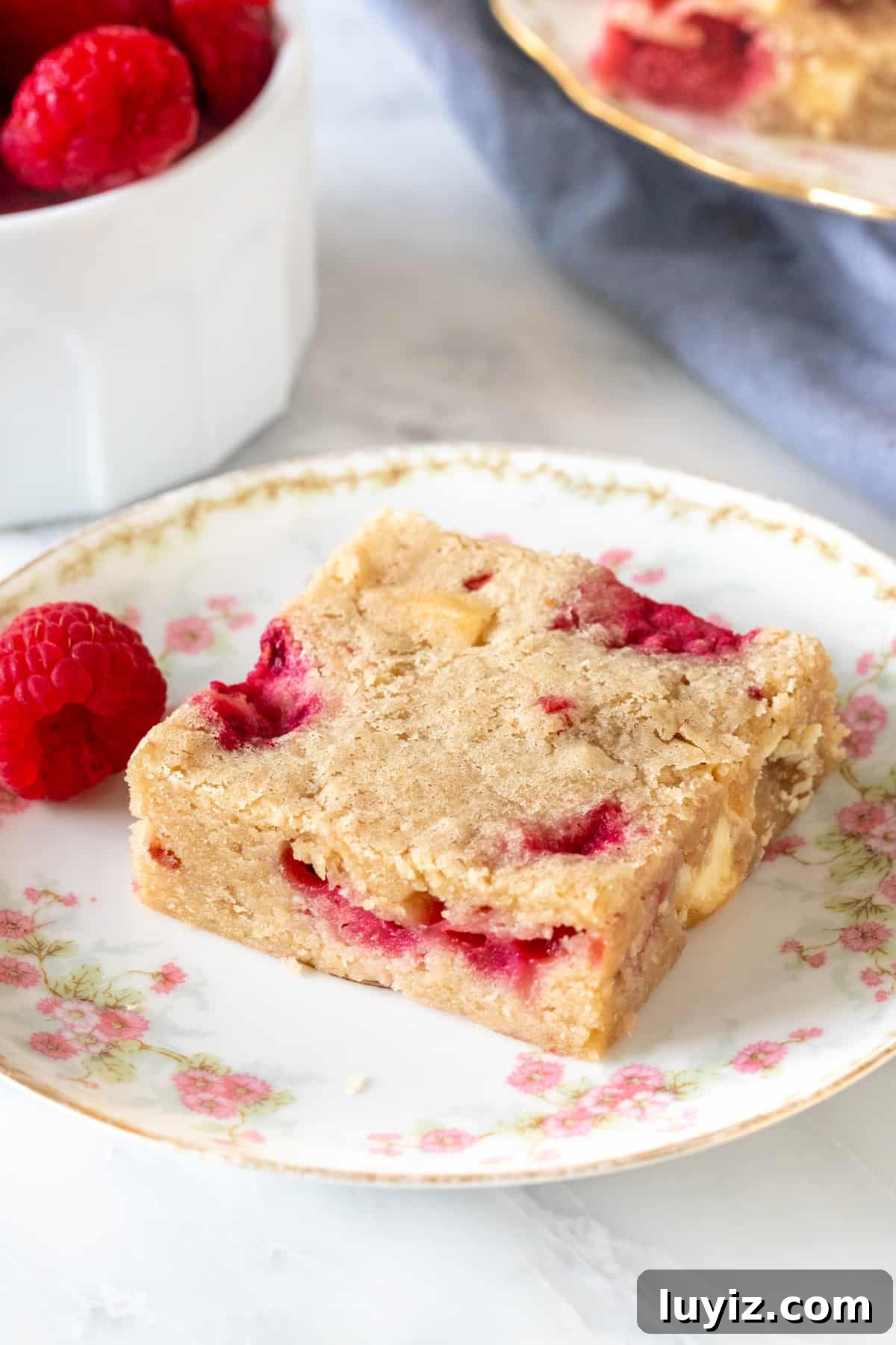 White Chocolate Raspberry Blondies Recipe with Gooey Berries 3 Blondie made with raspberries and white chocolate chunks on a plate