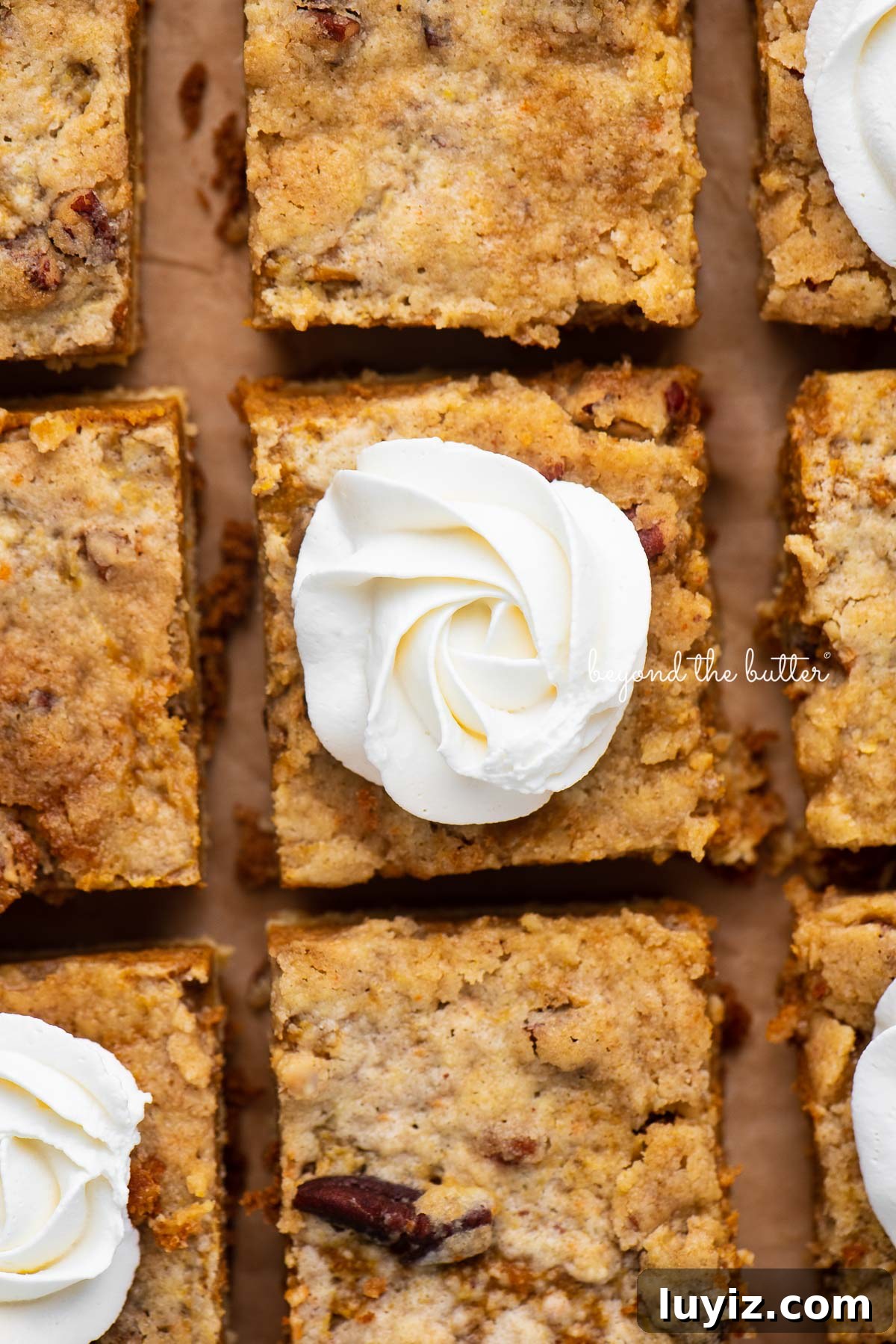 Pumpkin Pie Bars with Creamy Cinnamon Filling 6 Sliced pumpkin pie cake bars on parchment paper background | © Beyond the Butter®