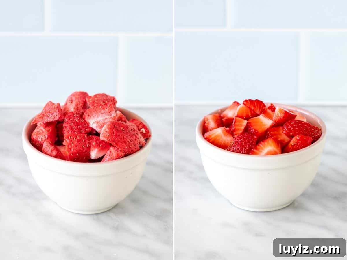Strawberry and Chocolate Chip Cookie Recipe for Summer Baking 3 Collage of a bowl of freeze dried strawberries & fresh berries.