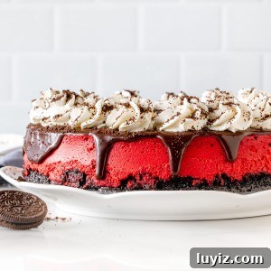 Red Velvet Oreo Cheesecake Recipe with Creamy Chocolate Swirls 6 9-inch round red velvet cheesecake with Oreo crust and topped with chocolate ganache, whipped cream and crushed Oreos