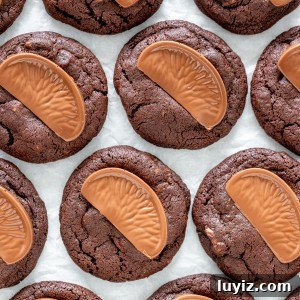 Decadent Chocolate Orange Cookies Recipe for Zesty Treats 5 Chocolate cookies, with a segment of chocolate orange on top of each cookie