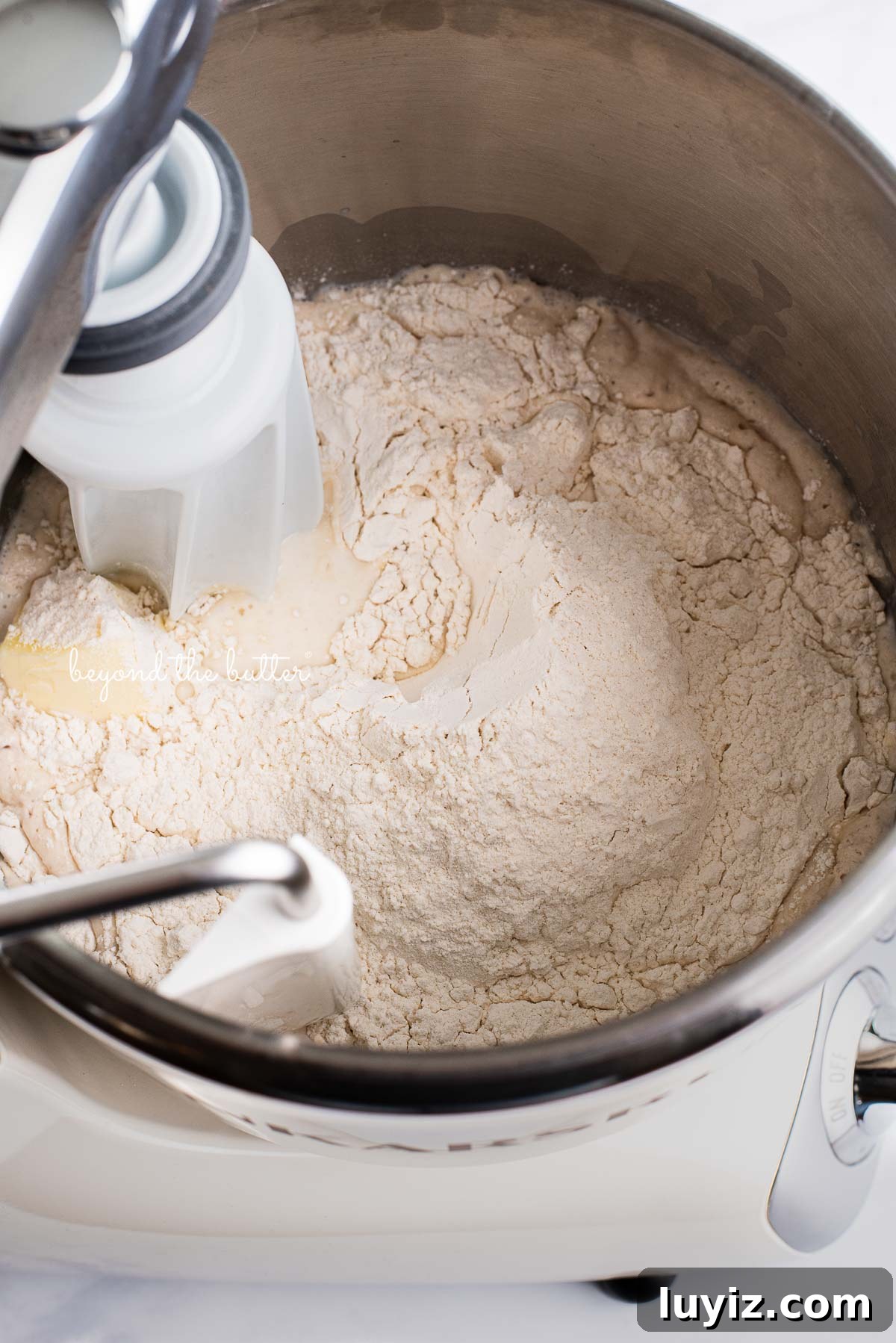 Soft Honey Butter Dinner Rolls Recipe for Fluffy, Golden Buns 5 Ankarsrum original mixer filled with ingredients to make homemade honey butter dinner rolls | © Beyond the Butter®