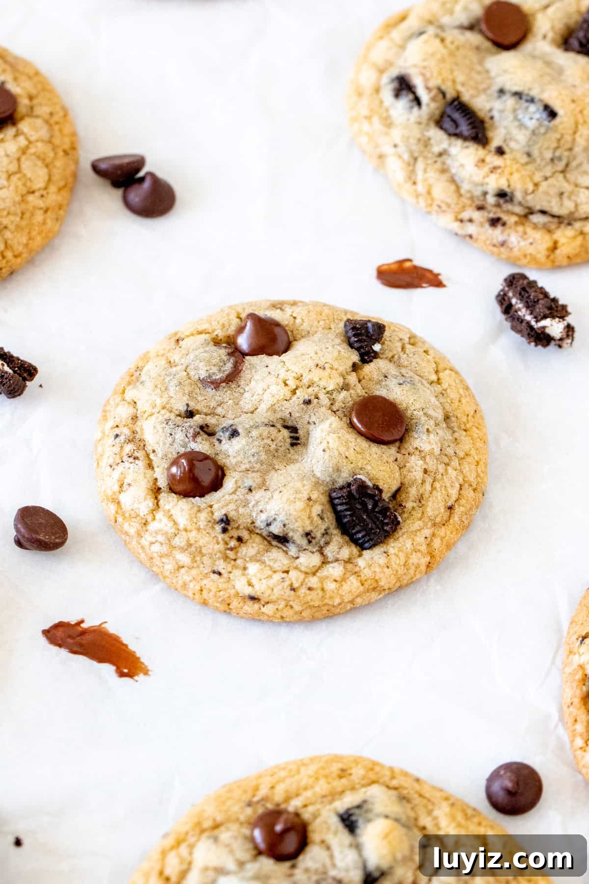 Oreo Chocolate Chip Cookies Recipe — Chewy Cookies with Oreo Pieces 2 Oreo chocolate chip cookies on baking paper