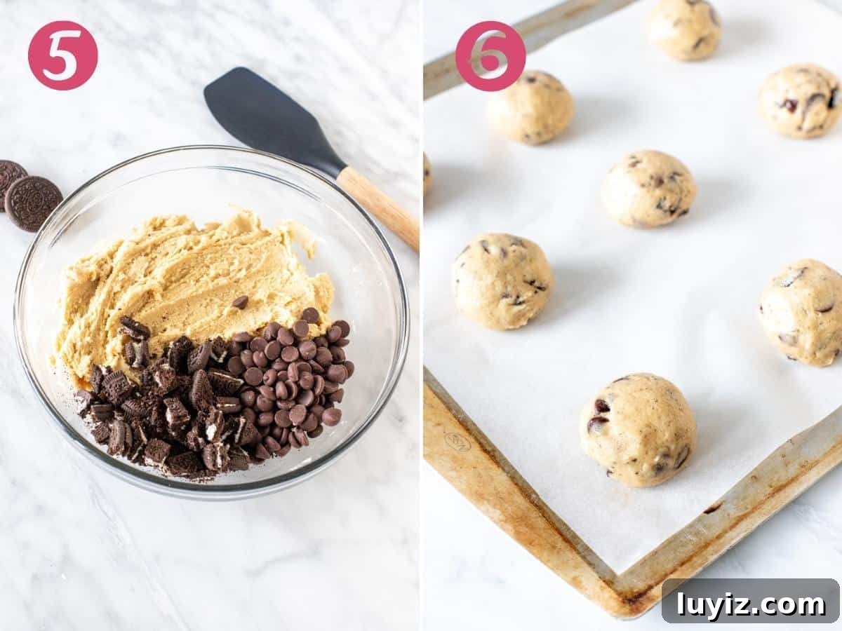 Oreo Chocolate Chip Cookies Recipe — Chewy Cookies with Oreo Pieces 6 A bowl of cookie dough, and a cookie tray with cookie dough balls