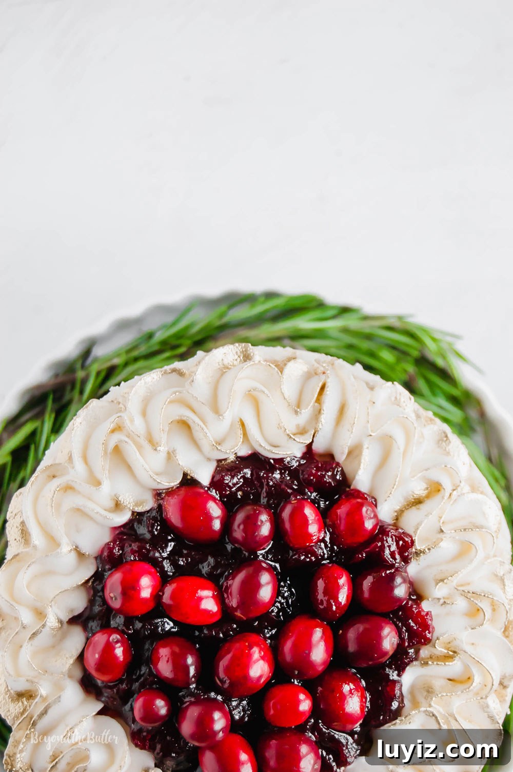 Classic Gingerbread Cake Recipe with Warm Spices 2 Gingerbread Cake | Overhead photo of Gingerbread Cake with Maple Buttercream Frosting and Cranberry Compote | Image Credit: Beyond the Butter, LLC