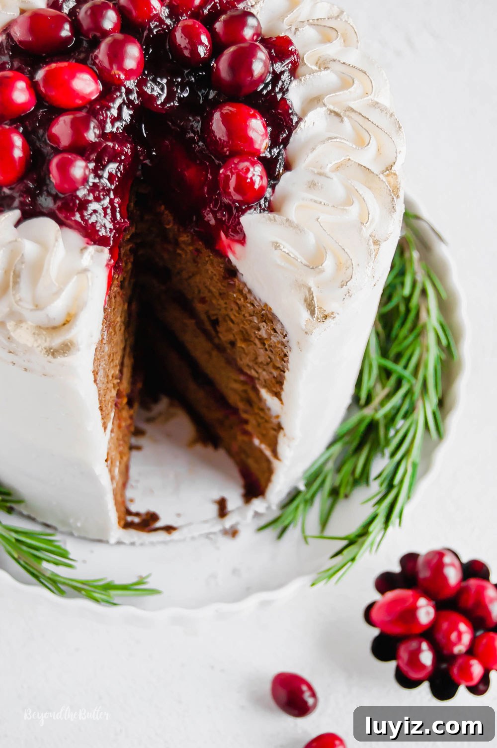 Classic Gingerbread Cake Recipe with Warm Spices 5 Gingerbread Cake | Angled photo of Gingerbread Cake with Maple Buttercream Frosting and Cranberry Compote with a slice taken out of it and a little bowl of cranberries below it | Image Credit: Beyond the Butter, LLC
