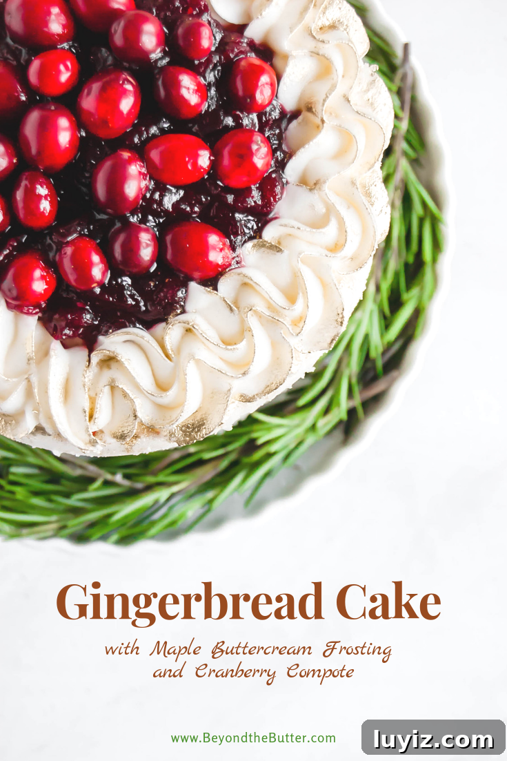 Classic Gingerbread Cake Recipe with Warm Spices 6 Gingerbread Cake | Overhead photo of Gingerbread Cake with Maple Buttercream Frosting and Cranberry Compote | Image Credit: Beyond the Butter, LLC.