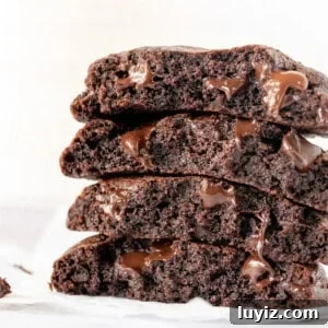 Double Chocolate Chip Cookie Recipe with Rich Cocoa Chips 8 double chocolate cookies, broken in half and stacked on top of each other