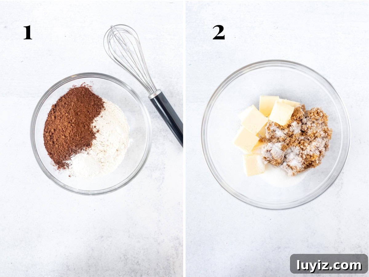 Double Chocolate Chip Cookie Recipe with Rich Cocoa Chips 6 Bowl of dry ingredients and bowl of butter and sugars