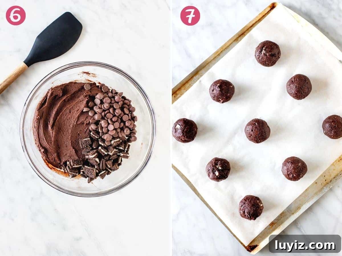 Bowl of chocolate cookie dough, and lined cookie sheet with 9 cookie dough balls