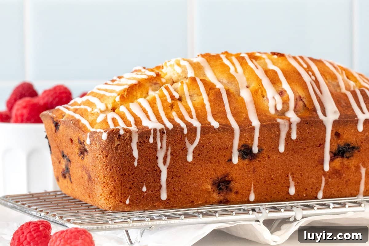 Moist Raspberry Bread Packed with Fresh Berries 3 Raspberry bread loaf with drizzle of glaze