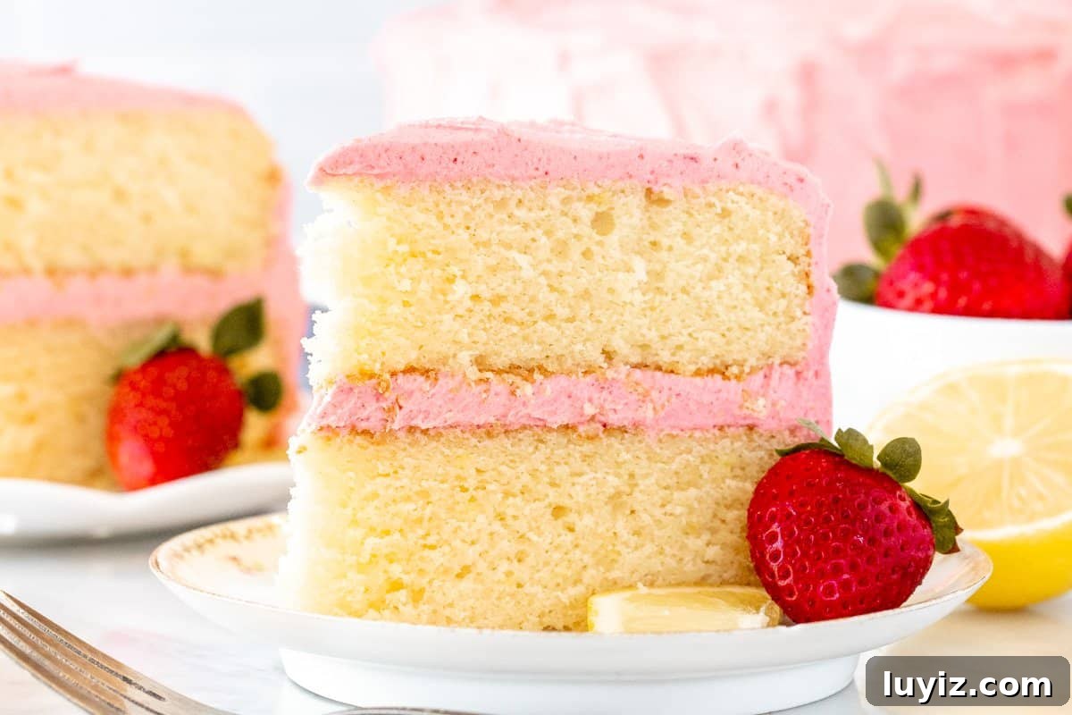 Strawberry Lemonade Layer Cake Recipe — Fresh Summer Dessert 6 Slice of strawberry lemon cake