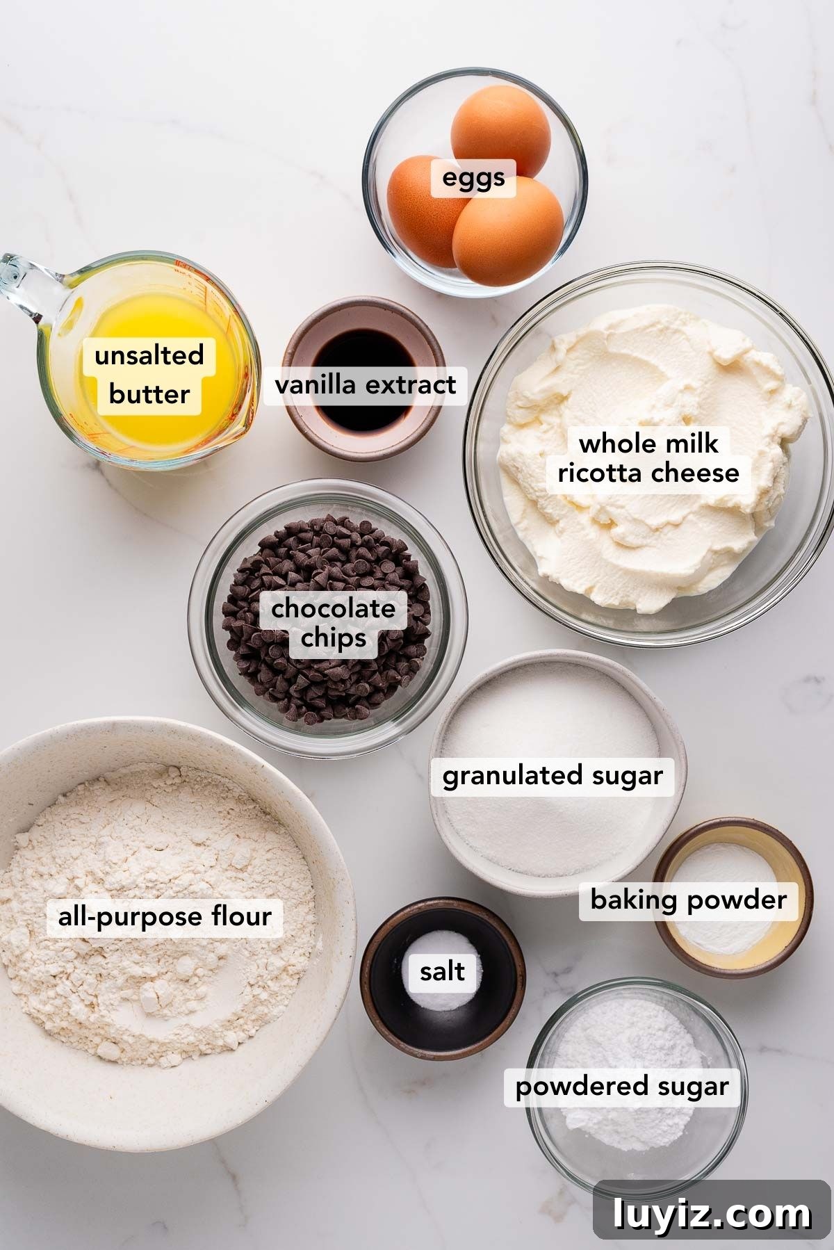 Moist Chocolate Chip Ricotta Cake Recipe for Perfect Dessert 5 Ingredients in bowls: chocolate chips, ricotta, butter, sugar, baking powder, eggs, salt, vanilla, powdered sugar, and flour.