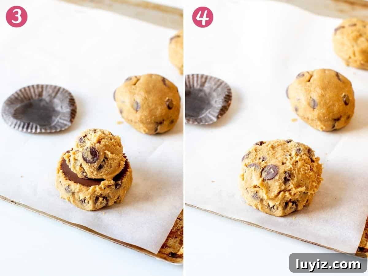 Reese’s Stuffed Chocolate Chip Cookies Recipe 6 Making cookies stuffed with peanut butter cups