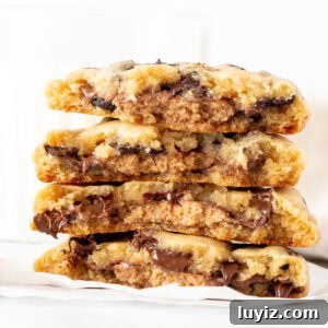 Reese’s Stuffed Chocolate Chip Cookies Recipe 9 Stack of Reese's stuffed cookies, broken in half