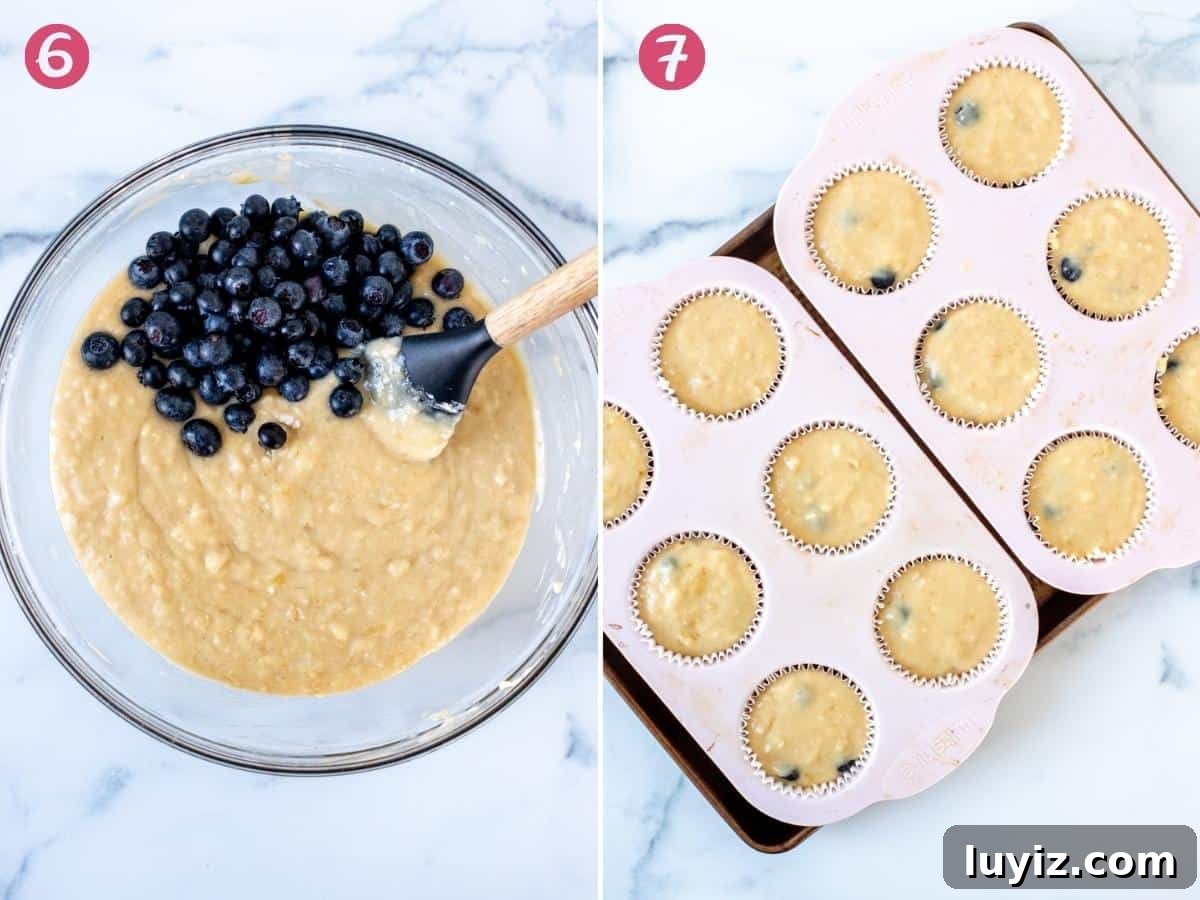 Moist Banana Blueberry Muffins with Crunchy Streusel 5 Bowl of banana blueberry muffin batter, and muffin tins filled with muffin batter