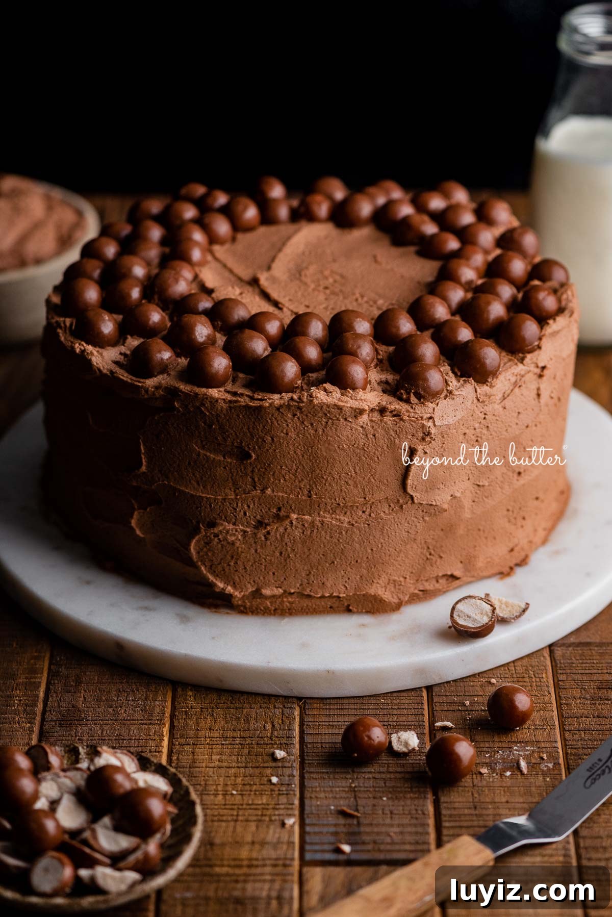 Ultra-Moist Banana Cake Recipe with Cream Cheese Frosting 3 Malted chocolate whipped cream frosted banana cake on a marble cake stand and dark wood background | © Beyond the Butter®