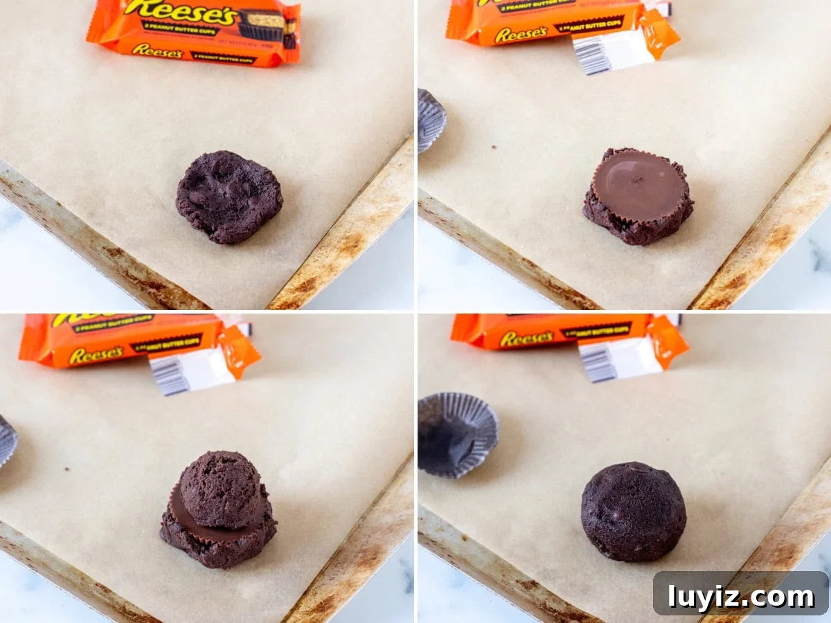 Reese’s Double Chocolate Cookie Recipe 5 Collage of 4 photos showing how to assemble a peanut butter cup chocolate cookie