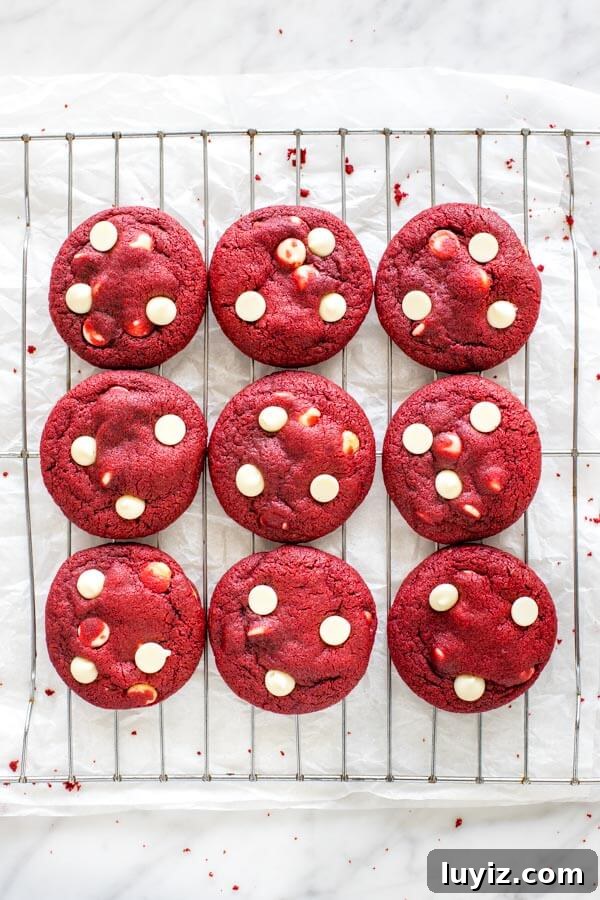 Red Velvet Chocolate Chip Cookie Recipe — Soft, Decadent Treats 3 Red velvet chocolate chip cookies on a cooling rack, from overhead.