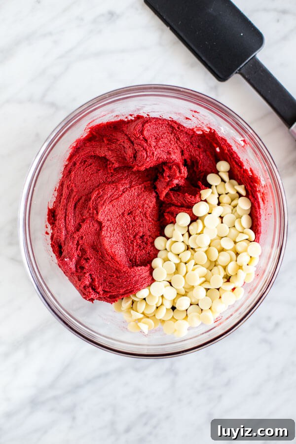 Red Velvet Chocolate Chip Cookie Recipe — Soft, Decadent Treats 4 Red velvet cookie dough, prior to chocolate chips being stirred in.