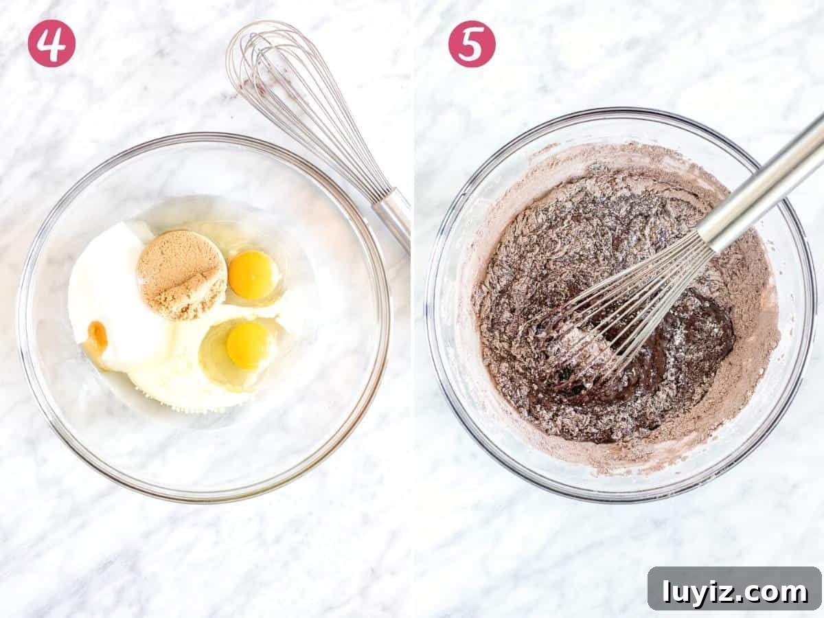 Decadent Chocolate Zucchini Cupcakes with Moist Fudgy Texture 4 Bowl of wet ingredients and bowl of mixing dry ingredients into wet ingredients.