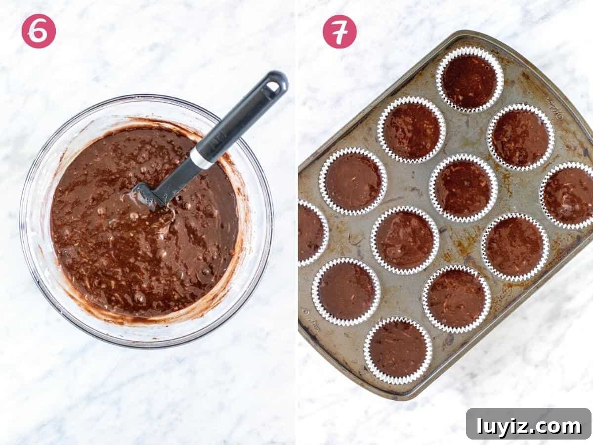 Decadent Chocolate Zucchini Cupcakes with Moist Fudgy Texture 5 Bowl of chocolate cupcake batter and muffin tin filled with chocolate cupcake batter