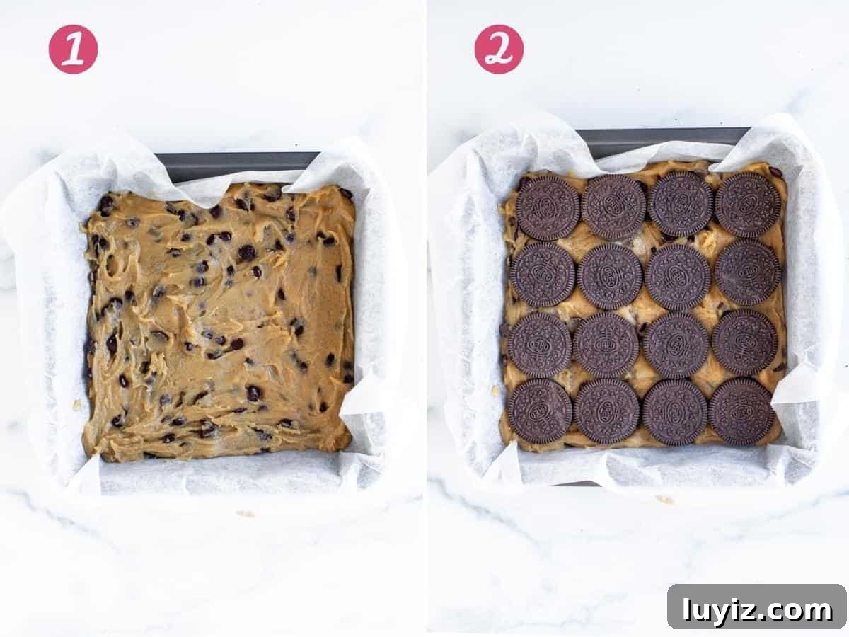 Oreo-Stuffed Chocolate Chip Cookie Bars Recipe 4 Pan of cookie dough and pan of cookie dough with Oreos on top
