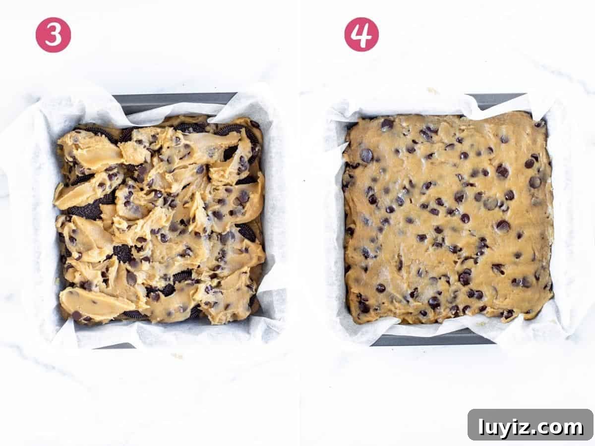 Oreo-Stuffed Chocolate Chip Cookie Bars Recipe 5 2 photos of a pan of unbaked cookie bars