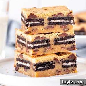 Oreo-Stuffed Chocolate Chip Cookie Bars Recipe 7 Stack of 3 Oreo stuffed chocolate chip cookie bars