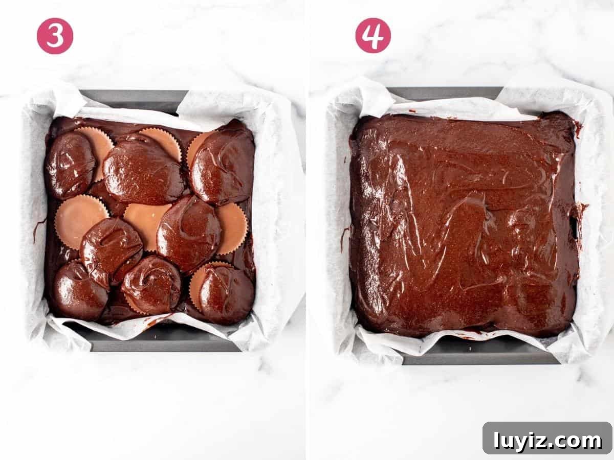Peanut Butter Cup Brownies Stuffed with Reese's Cups 5 2 steps when assembling peanut butter cup brownies